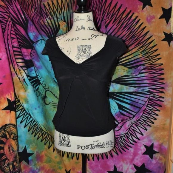 Form-Fitting Black Cap Sleeve Peasant Top Winged Low-Cut Empire Waist S XS - Picture 2 of 3